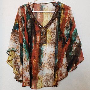 John Paul Richard Jeweled Neckline Top Sz L Dolman Sleeves Brown Multi